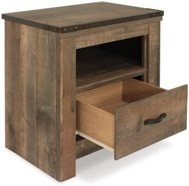 Signature Design by Ashley Trinell Nightstand with Charging Station | Dual USB ports, Engineered wood construction, Open storage cubby, Smooth-operating drawer, Antiqued bronze-tone hardware