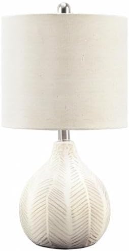 Signature Design by Ashley Rainermen Ceramic Table Lamp, 21", Off White | Textured herringbone base, Transparent white glaze, Hardback fabric drum shade, Bedside use, 92.5-inch cord, E26 socket
