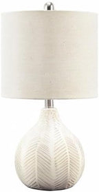 Signature Design by Ashley Rainermen Ceramic Table Lamp, 21", Off White | Textured herringbone base, Transparent white glaze, Hardback fabric drum shade, Bedside use, 92.5-inch cord, E26 socket