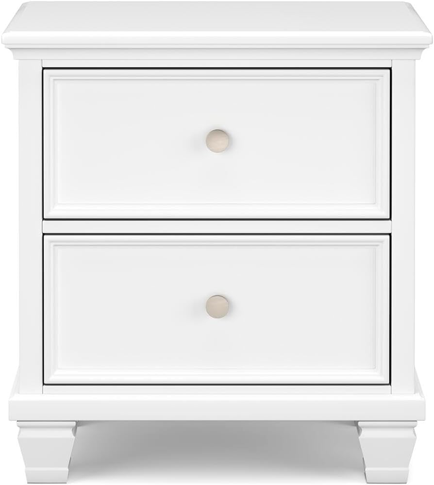 Signature Design by Ashley Fortman White Nightstand, 2 Drawer Storage, Hardwood Solids and MDF Construction, Traditional Wood Bedside Table, 25" W | Hardwood solids and MDF substrate, Smooth-gliding closed storage, Ideal for master and guest rooms