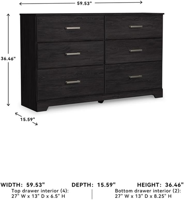 Signature Design by Ashley Belachime 6 Drawer Black Wood Bedroom Dresser | Spacious 60-inch frame for master suites, Antiqued pewter-tone handles, Deep 8.25-inch bottom drawers