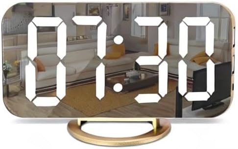 SZELAM Digital Alarm Clock,LED and Mirror Desk Clock Large Display,with Dual USB Charger Ports,3 Levels Brightness,12/24H,Modern Electronic Clock for Bedroom Home Living Room Office - Gold
