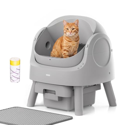 Mimfam Automatic Self Cleaning Litter Box, with 4 Pairs Infrared Senor, Open-Top Design for Multi-Cat Homes, Comes with Liner Bags and Cat Litter Mat, Grey