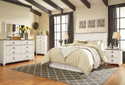 Signature Design by Ashley Coastal Queen Panel Headboard, Whitewash | Engineered wood rustic queen headboard, Farmhouse headboard queen option with built-in USB chargers, Willowton Series