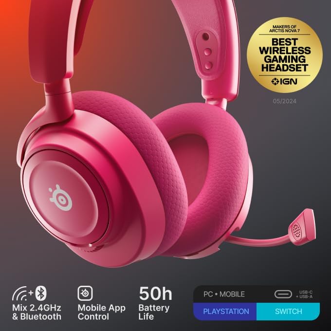 SteelSeries Arctis Nova 7 Wireless Gen 2 - Wireless Gaming Headset for PC - Compatible with PC, PS5, Switch & more - Mobile App Control - 50+ HR with Fast Charge - Mixable 2.4GHz/Bluetooth - Magenta