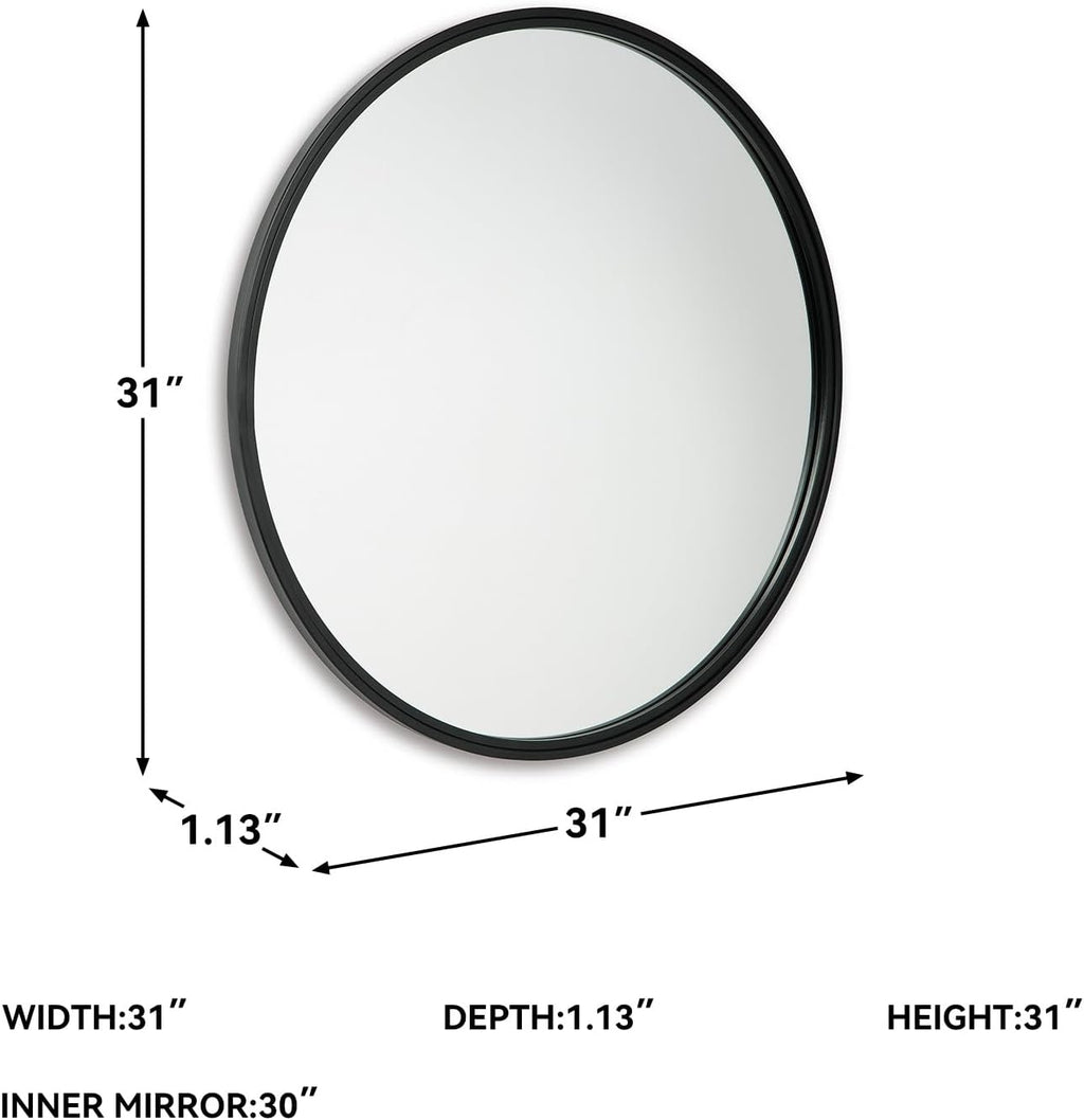 Signature Design by Ashley 31 Inch Round Black Wall Mounted Accent Mirror | Spacious 30 inch inner glass with thin metal frame, Modern decor for living rooms and dressing rooms, Brocky Series
