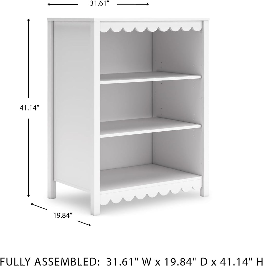 Signature Design by Ashley 3-Tier Scalloped Bookshelf, Matte White Bookcase | Deep 20-inch profile for oversized bins, Durable engineered wood frame with 2 adjustable shelves, Hallityn Series