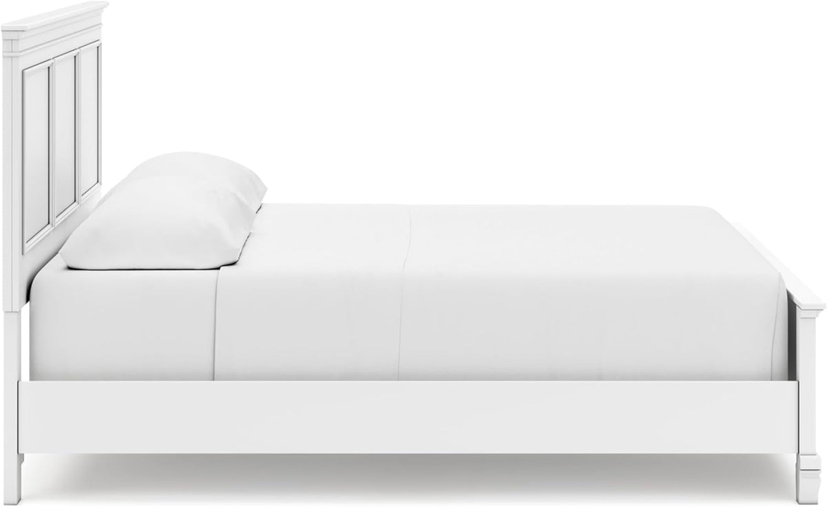 Signature Design by Ashley Fortman California King Panel Bed, White | Painted white finish with tapered feet, Hardwood solids and MDF substrate construction, Compatible with adjustable bases