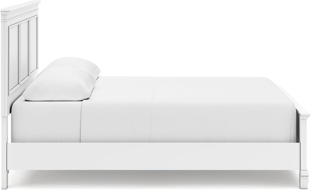 Signature Design by Ashley Fortman California King Panel Bed, White | Painted white finish with tapered feet, Hardwood solids and MDF substrate construction, Compatible with adjustable bases