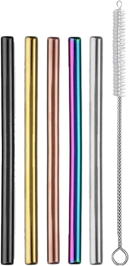 Ello 5-Pack Stainless Steel Reusable Cocktail Straws with Cleaning Brush (Metallic Multicolor)