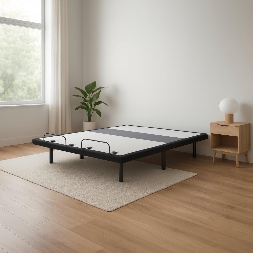 Signature Design by Ashley King Adjustable Bed Frame, Lumbar & Audio | Charcoal gray metal and polyester frame, Multi-color under-bed lighting with motion sensor, 3-year non-prorated warranty