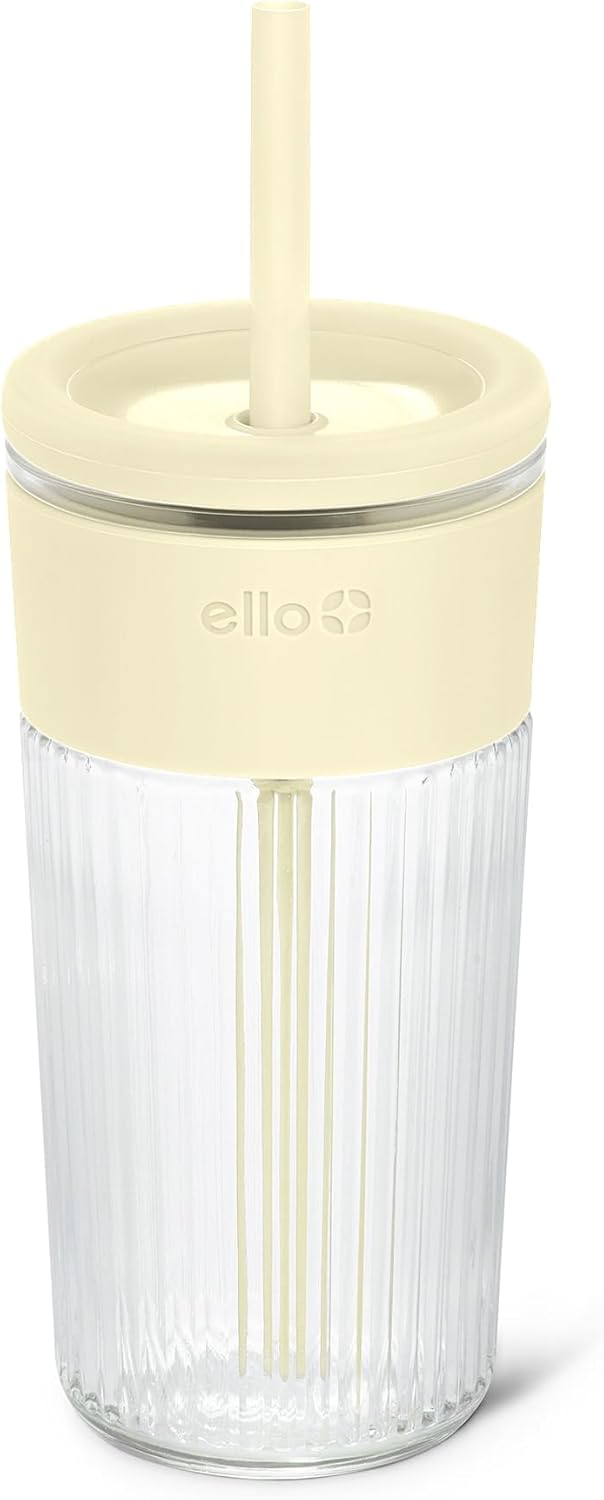 Ello Ava 18oz Glass Tumbler with Straw and Lid for Iced Coffee, Lemon