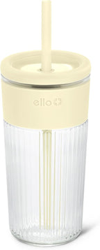 Ello Ava 18oz Glass Tumbler with Straw and Lid for Iced Coffee, Lemon
