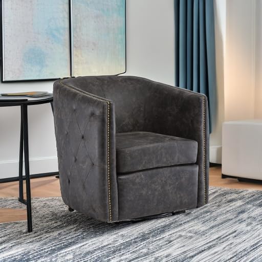 Signature Design by Ashley Swivel Black Faux Leather Accent Chair | Elegant tufted faux leather with brass nailheads, Hidden metal swivel base for effortless conversation, Brentlow Series