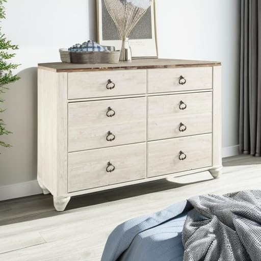 Signature Design by Ashley Willowton 6-Drawer Coastal Dresser, Whitewash | 6 drawer capacity, Coastal farmhouse style, Textured whitewash finish, Driftwood plank effect top, ASTM F 2057 compliant