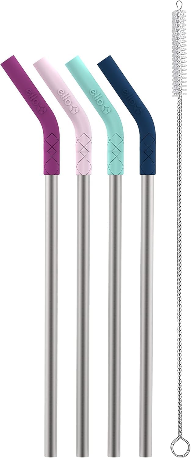Ello Impact Reusable Stainless Steel Straws with Brush, 4 Pc, June Breeze