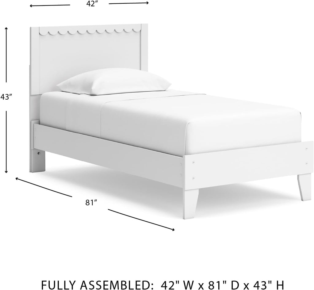 Signature Design by Ashley Hallityn Twin Scalloped Bed Frame, White | Scalloped headboard for cottage charm, Durable engineered wood, 350-lb capacity platform design