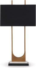 Signature Design by Ashley Table Lamp, Tall Modern Marble, Black and Brass | 32.75-inch open metal frame with brass-tone and black finish, White marble base with black fabric shade, Malana Series