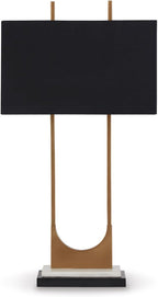 Signature Design by Ashley Table Lamp, Tall Modern Marble, Black and Brass | 32.75-inch open metal frame with brass-tone and black finish, White marble base with black fabric shade, Malana Series