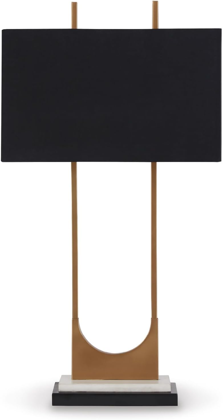 Signature Design by Ashley Table Lamp, Tall Modern Marble, Black and Brass | 32.75-inch open metal frame with brass-tone and black finish, White marble base with black fabric shade, Malana Series
