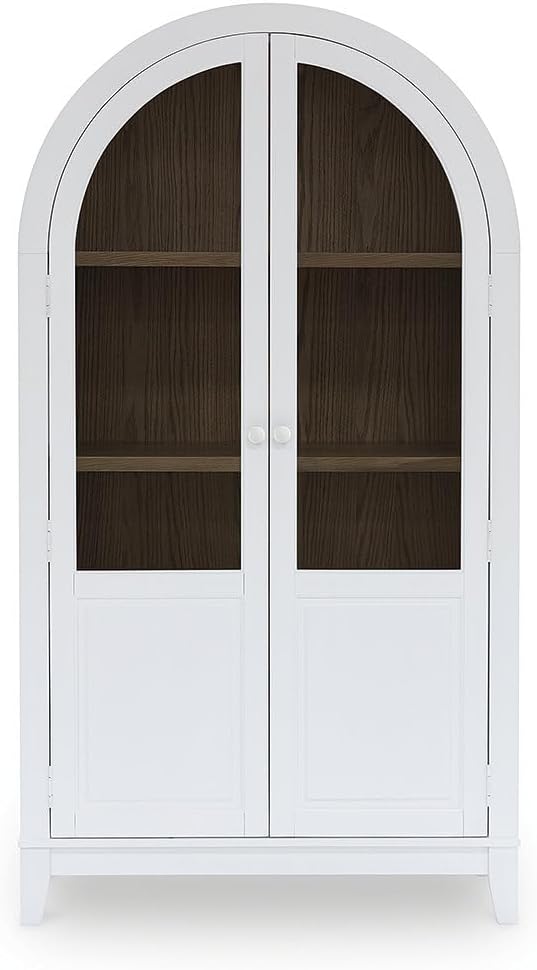 Signature Design by Ashley Dagandale Arched Accent Cabinet with Glass Doors, Quick 15-Minute Assembly, Wood and Tempered Glass, Display Storage for Living Rooms, White/Natural, 40" W x 74" H