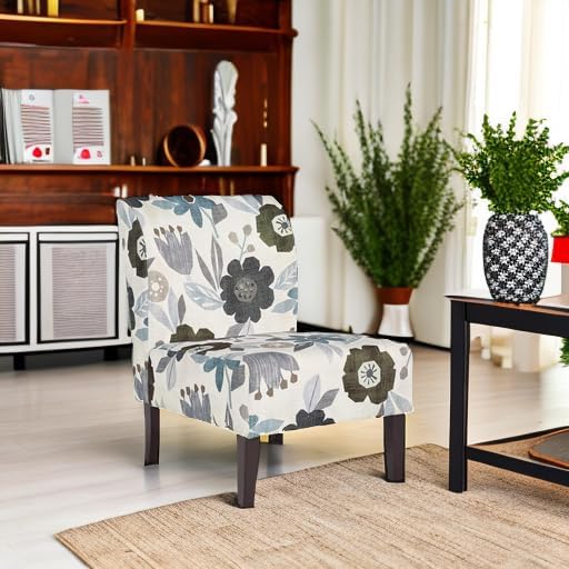 Signature Design by Ashley Armless Accent Chair, Ivory & Blue Floral | Compact profile for small spaces, 100% polyester upholstery, Sturdy black-finished wood legs, Triptis Series