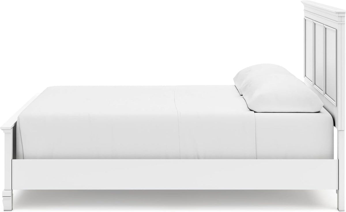 Signature Design by Ashley Fortman California King Panel Bed, White | Painted white finish with tapered feet, Hardwood solids and MDF substrate construction, Compatible with adjustable bases
