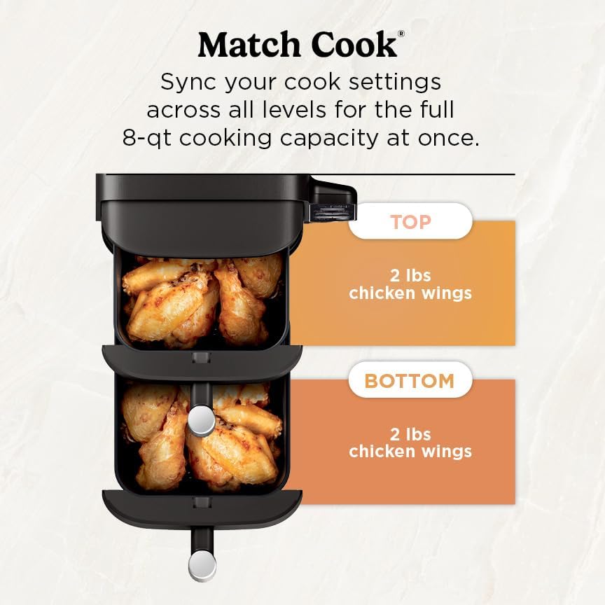 Ninja Air Fryer DoubleStack, 8 Qt, 6-in-1, Black, SL201 | Air fry, broil, roast, bake, reheat, dehydrate, Cooks 4 foods at once, Smart Finish, Match Cook