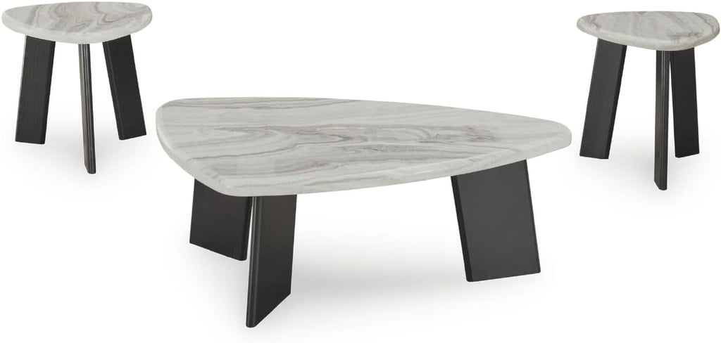 Signature Design by Ashley Lilyberg 3 Piece Coffee Table Set, Black Legs | Engineered wood and decorative laminate, Replicated Carrara marble top, Triangular modern coffee table set, Living room use