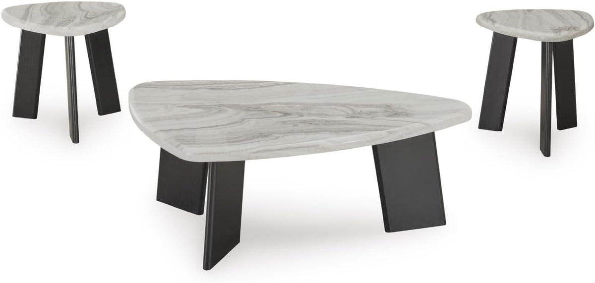 Signature Design by Ashley Lilyberg 3 Piece Coffee Table Set, Black Legs | Engineered wood and decorative laminate, Replicated Carrara marble top, Triangular modern coffee table set, Living room use