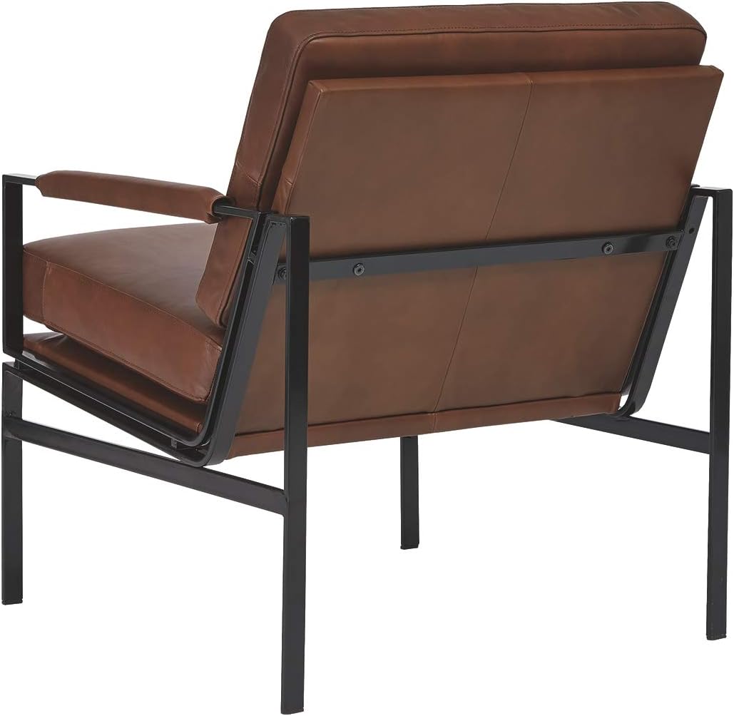 Signature Design by Ashley Puckman Accent Chair, Brown Leather Armchair | Leather and faux leather blend, Bronze-tone metal frame, 26-in wide seat, Upholstered track arms, Living room use