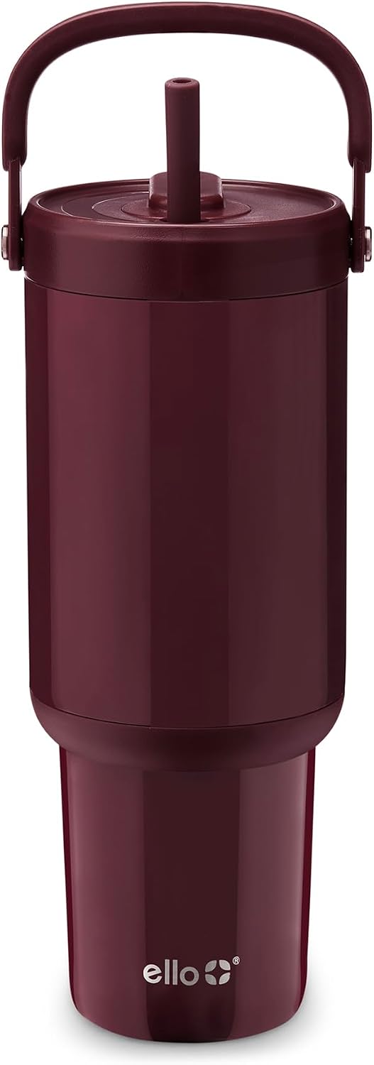 Ello Oasis Go+ 32oz Tumbler with Top Handle and Retracting Straw | Reusable Insulated Stainless Steel Cup, 100% Leakproof Water Bottle, 24 Hours Cold, Cup Holder Friendly For Travel | Red Velvet