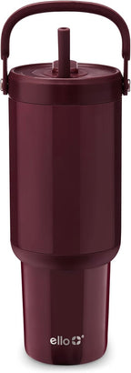 Ello Oasis Go+ 32oz Tumbler with Top Handle and Retracting Straw | Reusable Insulated Stainless Steel Cup, 100% Leakproof Water Bottle, 24 Hours Cold, Cup Holder Friendly For Travel | Red Velvet