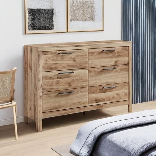 Signature Design by Ashley 6 Drawer Dresser for Bedroom, Golden Oak | 5-minute quick assembly, Contemporary tan brown finish, Durable engineered wood, Hyanna Series