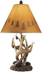 Signature Design by Ashley Derek Rustic Table Lamps, Living Room, Set of 2 | Durable poly resin antler base, Warm translucent paper silhouette shade projecting forest scenes, Rustic cabin style