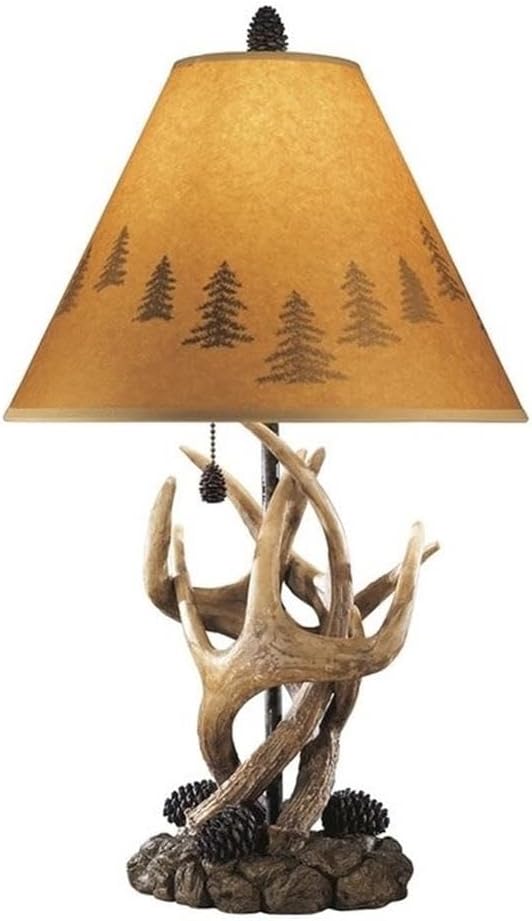 Signature Design by Ashley Derek Rustic Table Lamps, Living Room, Set of 2 | Durable poly resin antler base, Warm translucent paper silhouette shade projecting forest scenes, Rustic cabin style