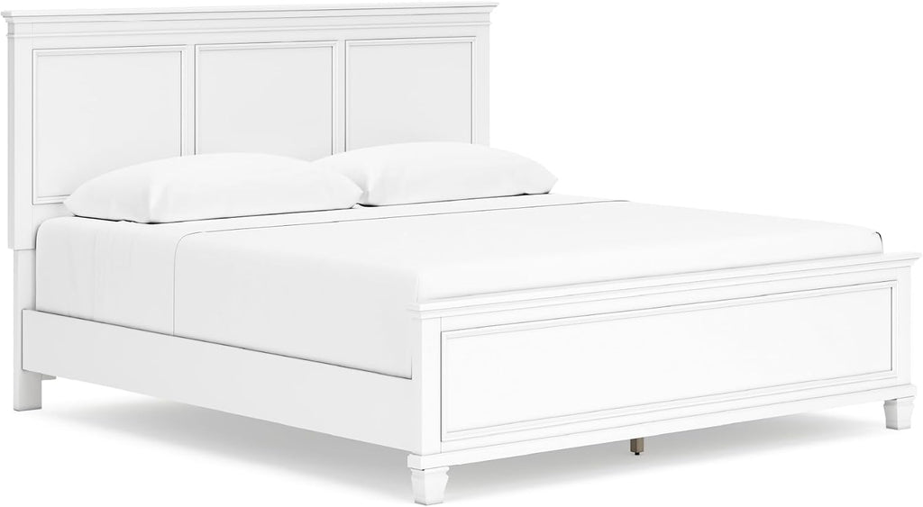 Signature Design by Ashley Fortman California King Panel Bed, White | Painted white finish with tapered feet, Hardwood solids and MDF substrate construction, Compatible with adjustable bases