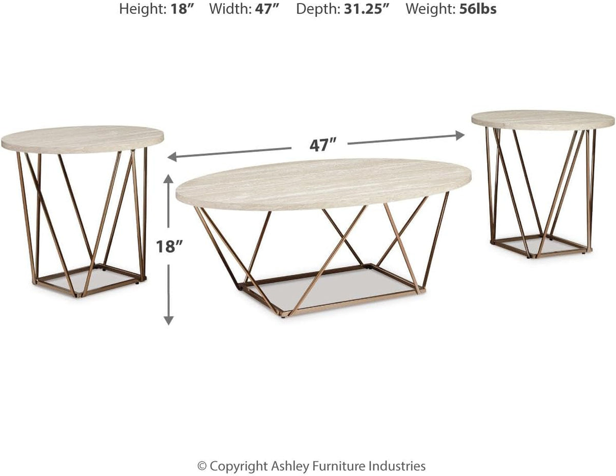 Signature Design by Ashley Faux Marble Coffee Table Set of 3, White & Gold | Supports 250 pounds, 47-inch oval center table and 2 24-inch high side tables, Light goldtone metal base, Tarica Series