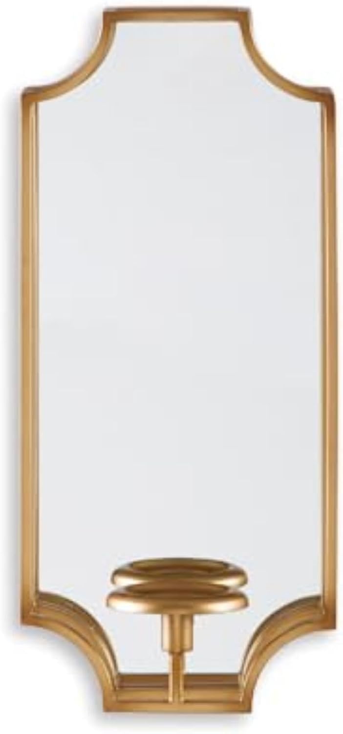 Signature Design by Ashley Pagoda Mirrored Metal Candle Wall Sconce, Gold | Polished 20-inch gold metal frame, Holds pillar or taper candles, Mirrored backplate to double ambient glow, Dumi Series