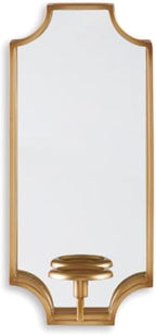 Signature Design by Ashley Pagoda Mirrored Metal Candle Wall Sconce, Gold | Polished 20-inch gold metal frame, Holds pillar or taper candles, Mirrored backplate to double ambient glow, Dumi Series