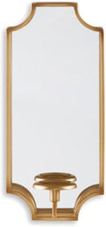 Signature Design by Ashley Pagoda Mirrored Metal Candle Wall Sconce, Gold | Polished 20-inch gold metal frame, Holds pillar or taper candles, Mirrored backplate to double ambient glow, Dumi Series