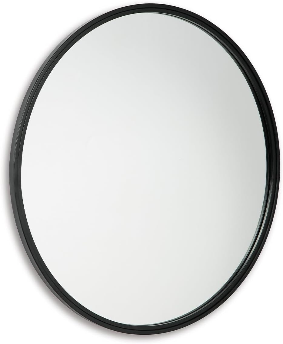 Signature Design by Ashley 31 Inch Round Black Wall Mounted Accent Mirror | Spacious 30 inch inner glass with thin metal frame, Modern decor for living rooms and dressing rooms, Brocky Series