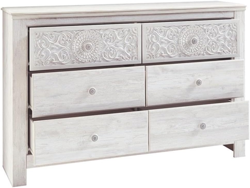 Signature Design by Ashley 6-Drawer Bedroom Dresser, Whitewash, Paxberry | Durable engineered wood and decorative laminate, Arrives pre-assembled for a 5-minute setup, Boho chic whitewash design