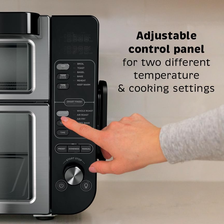 Ninja DCT451 12-in-1 Smart Double Oven with FlexDoor, Thermometer, FlavorSeal, Smart Finish, Rapid Top Convection and Air Fry Bottom , Stainless Steel | Smart Cook thermometer, FlavorSeal, Smart Finish, Air fry, bake, broil, roast, pizza