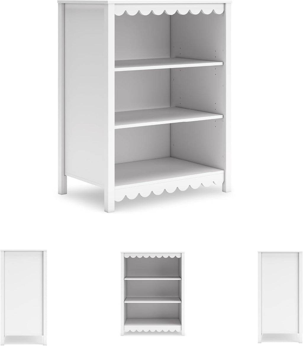 Signature Design by Ashley 3-Tier Scalloped Bookshelf, Matte White Bookcase | Deep 20-inch profile for oversized bins, Durable engineered wood frame with 2 adjustable shelves, Hallityn Series
