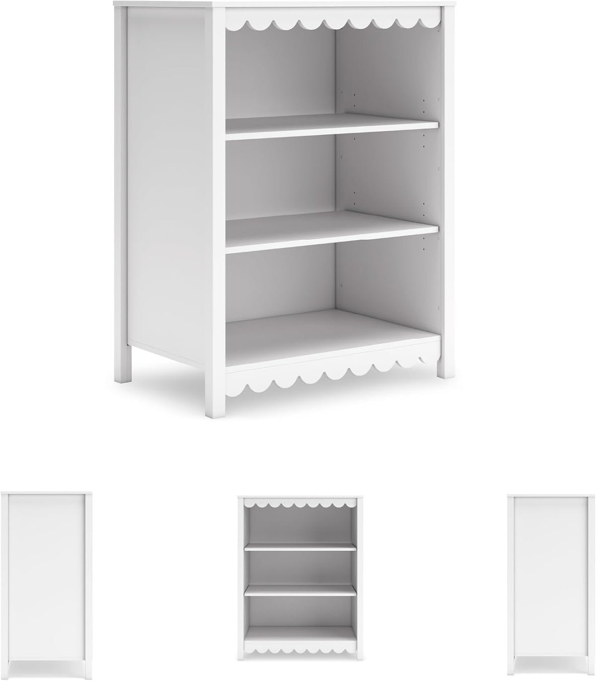 Signature Design by Ashley 3-Tier Scalloped Bookshelf, Matte White Bookcase | Deep 20-inch profile for oversized bins, Durable engineered wood frame with 2 adjustable shelves, Hallityn Series