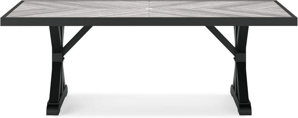 Signature Design by Ashley Beachcroft Outdoor Dining Table, Rust-Resistant Farmhouse Design with Porcelain Tabletop and Umbrella Hole, for Patio Entertaining, Black/Light Gray, 84-Inch