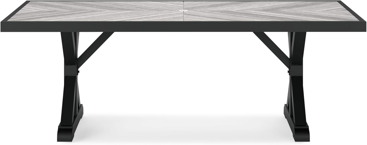 Signature Design by Ashley Beachcroft Outdoor Dining Table, Rust-Resistant Farmhouse Design with Porcelain Tabletop and Umbrella Hole, for Patio Entertaining, Black/Light Gray, 84-Inch
