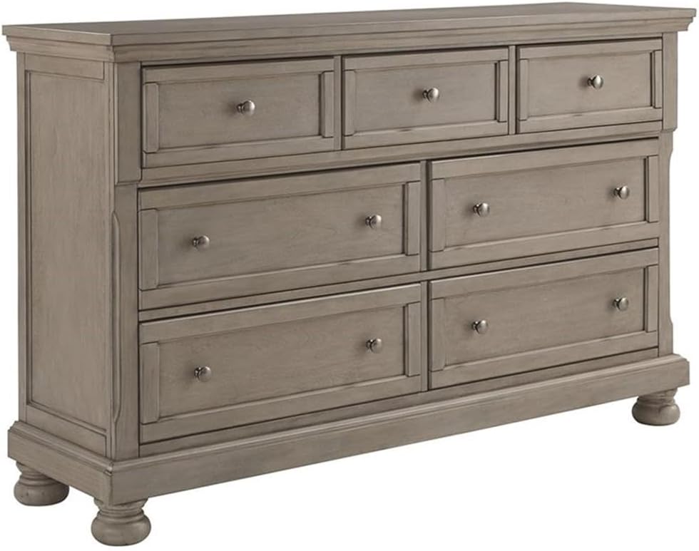 Signature Design by Ashley Lettner Dresser for Bedroom, 7 Drawer Burnished Gray Chest, 65-Inch Wide Traditional Style, Hidden Storage for Small Valuables, Light Gray