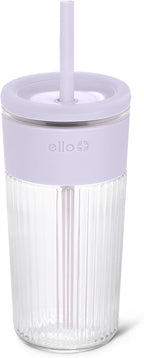 Ello Ava 18oz Glass Tumbler with Straw and Lid for Iced Coffee, Sugarplum